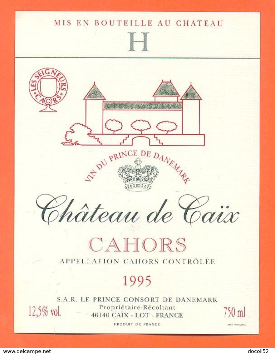 étiquette De Vin De Cahors Chateau De Caix 1995 Le Prince Consort De Danemark à Caix - 75 Cl - Cahors