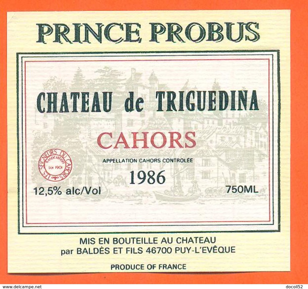 étiquette De Vin De Cahors Chateau De Triguedina 1986 Baldès Et Fils à Puy L'éveque - 75 Cl - Cahors