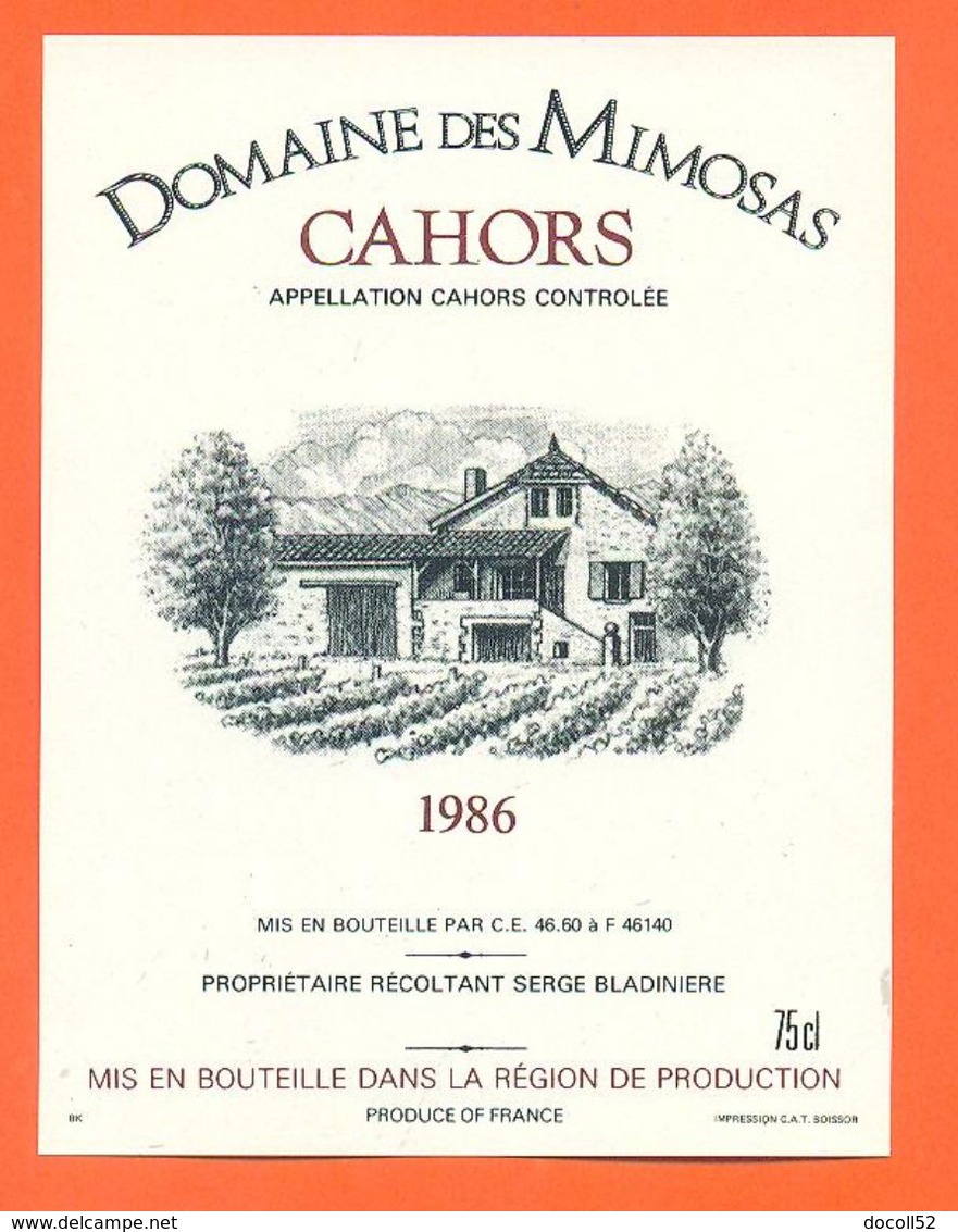 étiquette De Vin De Cahors Domaine Des Mimosas 1986 Serge Bladinière à 46140 - 75 Cl - Cahors