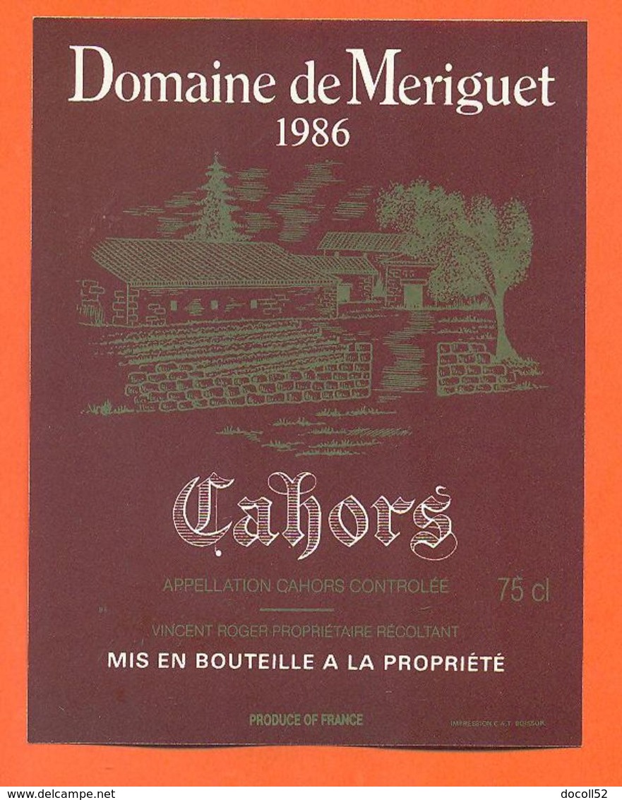 étiquette De Vin De Cahors Domaine De Meriguet 1986 Vincent Roger - 75 Cl - Cahors