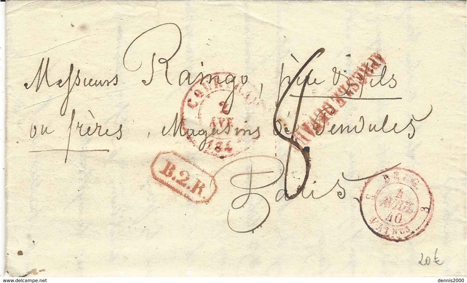 1840- Lettre De COURTRAY Pour Paris  B.2.R Encadré Rouge + APRES LE DEPART  Taxe 8 D. - 1830-1849 (Belgique Indépendante)