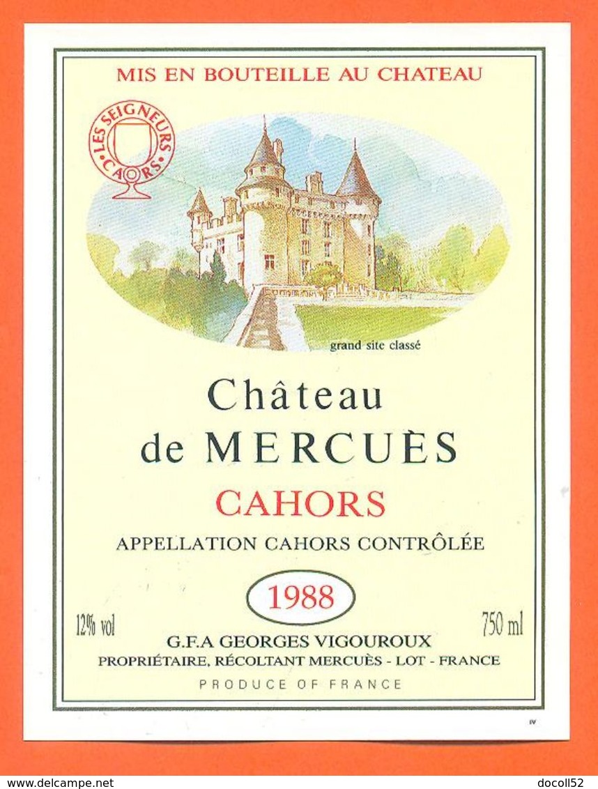 étiquette De Vin De Cahors Chateau De Mercuès1988 Georges Vigouroux à Merguès - 75 Cl - Cahors