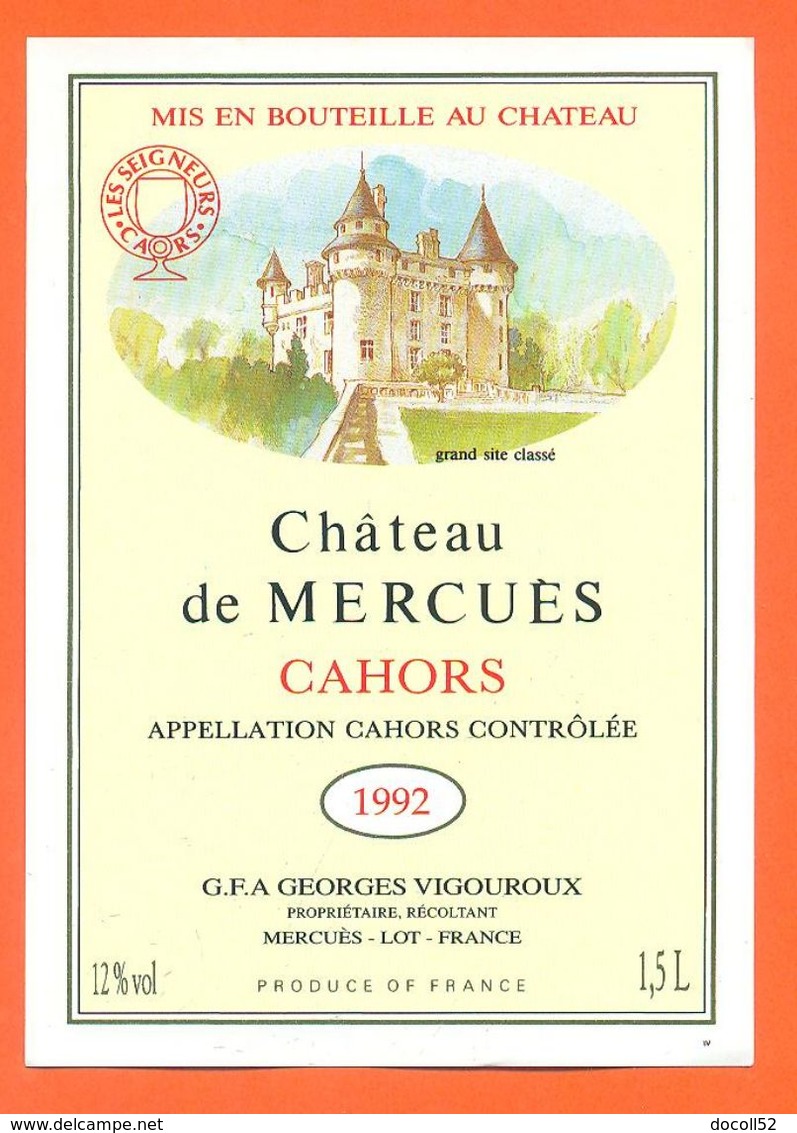 étiquette Jéroboam De Vin De Cahors Chateau De Mercuès1992 Georges Vigouroux à Merguès - 150 Cl - Cahors