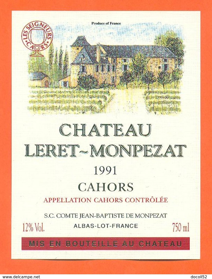 étiquette De Vin De Cahors Chateau Leret Monpezat 1991 Monpezat à Albas - 75 Cl - Cahors