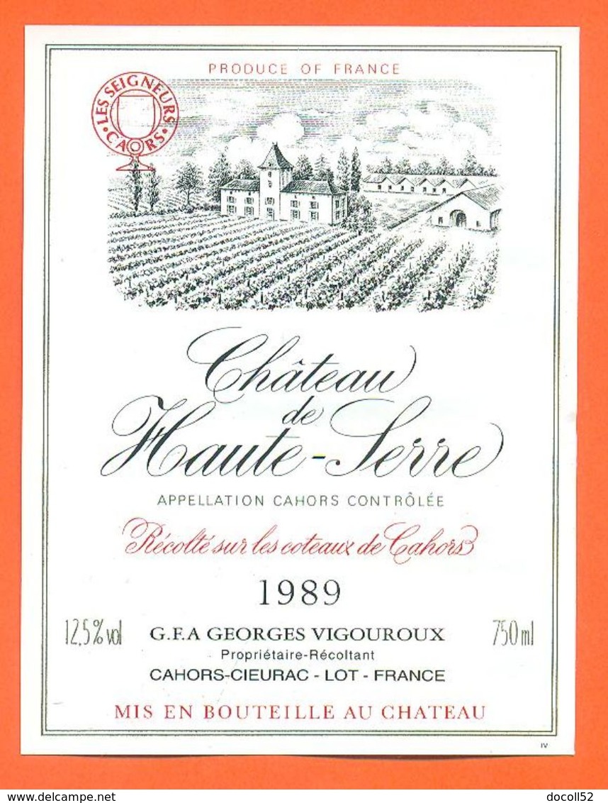 étiquette De Vin De Cahors Chateau De Haute Serre 1989 Georges Vigouroux à Cahors-cieurac - 75 Cl - Cahors