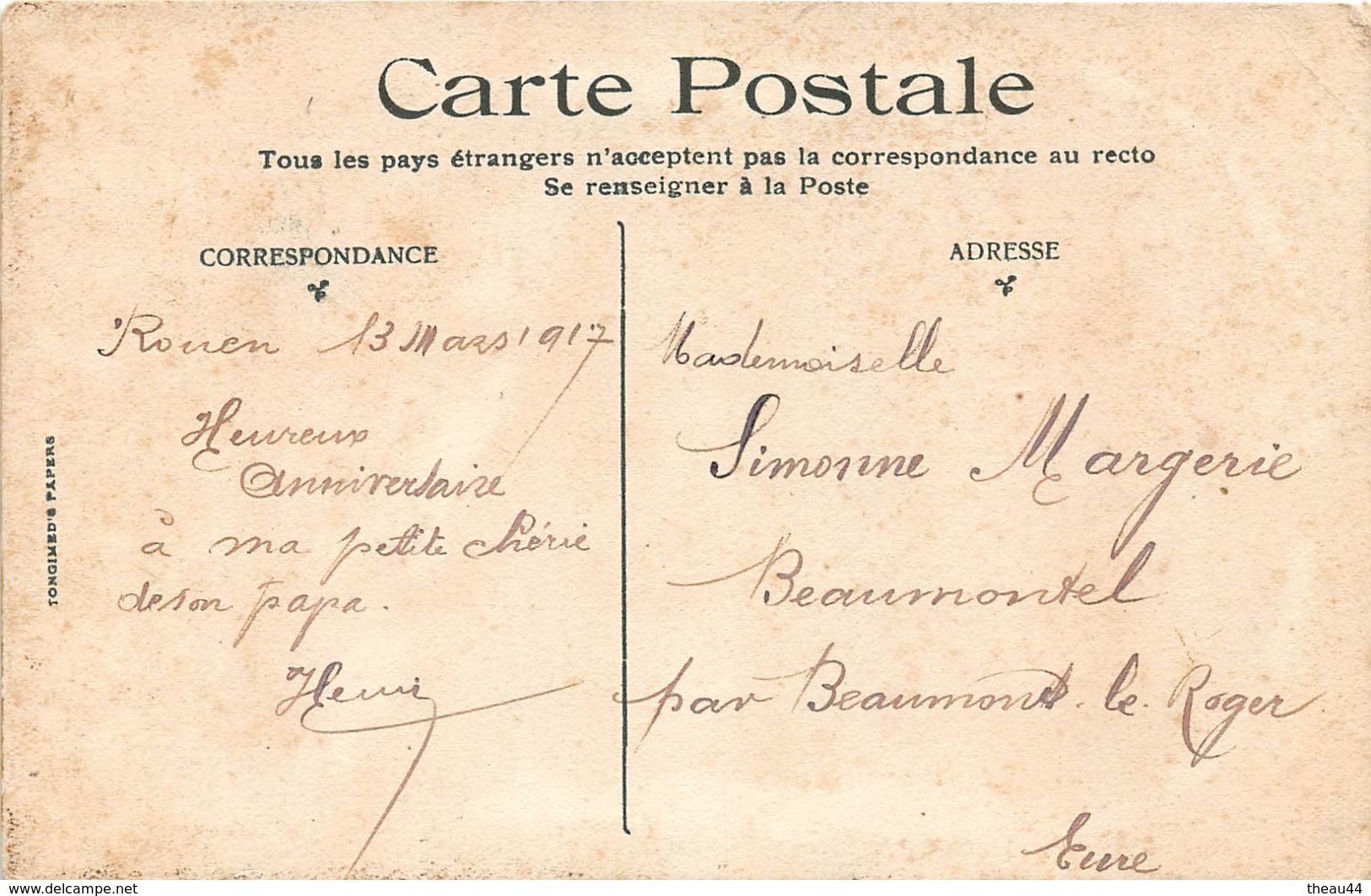 ¤¤   -  Carte Faite à La Main  -  Prénom " SIMONNE " 15 Mars 1917 -  Anniversaire  -  ¤¤ - Nombres