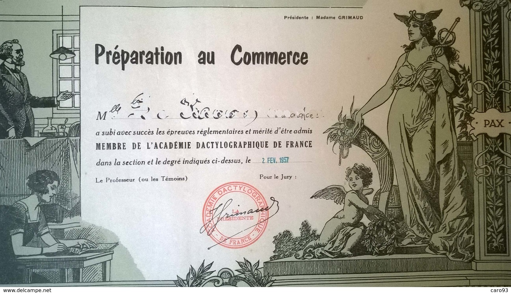 Diplôme De Préparation Au Commerce Académie Dactylographique De France 1957 - Diploma & School Reports