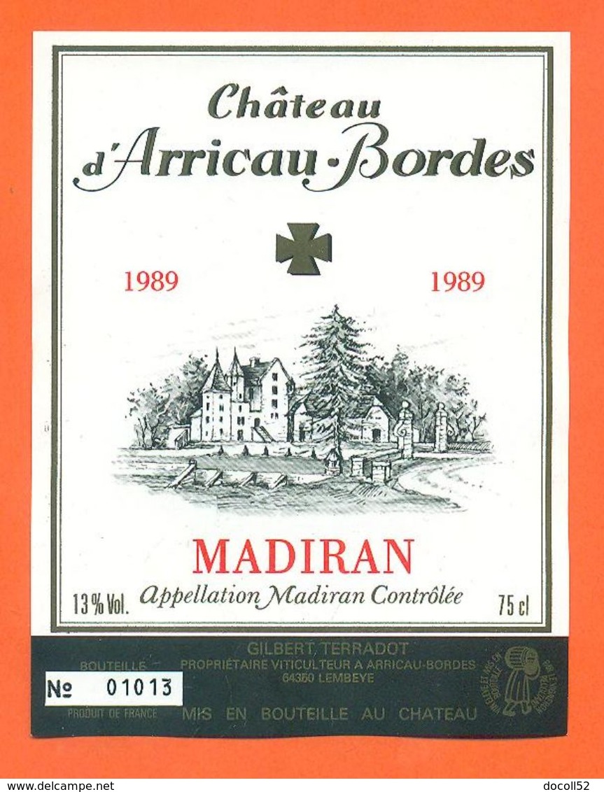 étiquette  Vin Madiran Chateau D'arricau Bordes 1989 Gilbert Terradot à Arricau Bordes - 75 Cl - Madiran