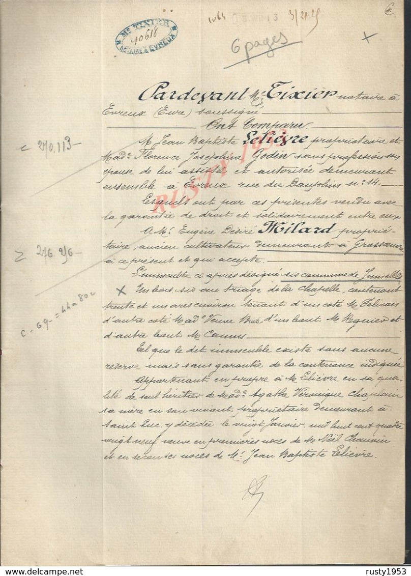 JUMELLES 1913 ACTE DE VENTE D UN BOIS Mr LELIEVRE À Mr MILARD 6 PAGES : - Manuscripts