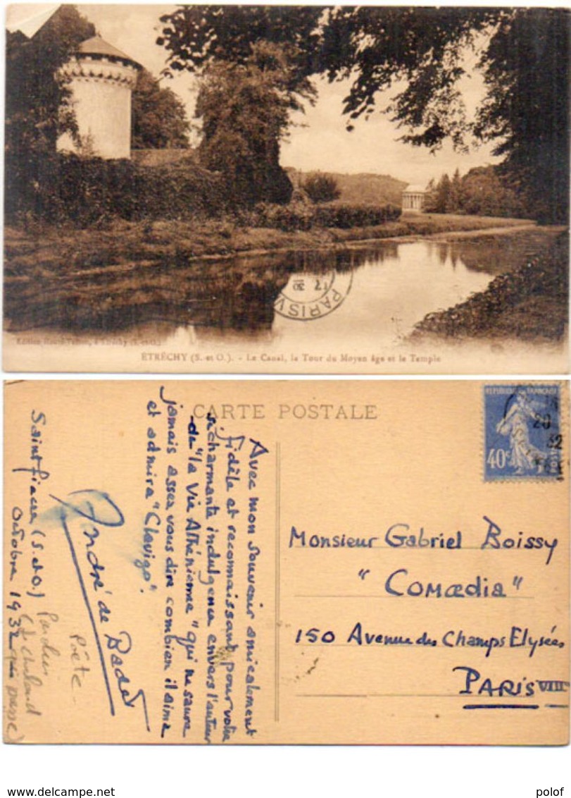 ETRECHY-Tour Et Temple-Correspondance De André De Badet (Auteur Du Chaland Qui Passe" A Gabriel Boissy (Poetes) (102436) - Etrechy