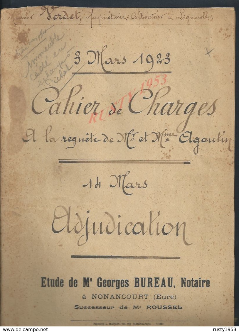 LIGNEROLLES 1923 ACTE VENTE DE TERRE Mr AGOUTIN 14 PAGES : - Manuscripts