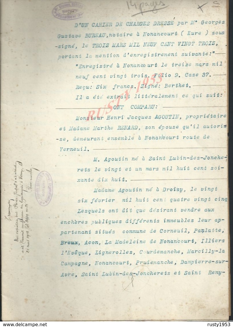 LIGNEROLLES 1923 ACTE VENTE DE TERRE Mr AGOUTIN 14 PAGES : - Manuscripts