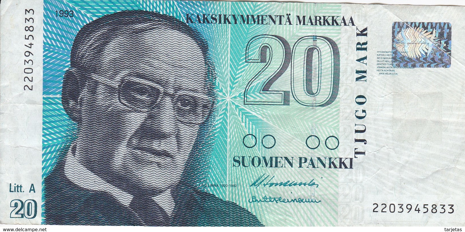 BILLETE DE FINLANDIA DE 20 MARKKAA DEL AÑO 1993  (BANKNOTE) - Finland