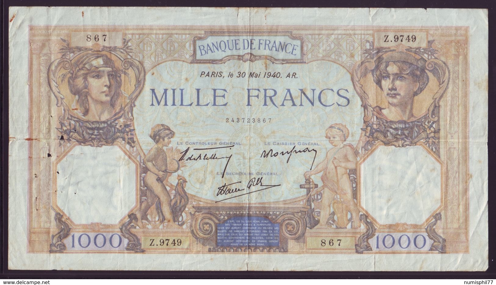 FRANCE - 1000 FRANCS  Cérès Et Mercure  Type 1927 Modifié - 30/05/1940 - 1 000 F 1927-1940 ''Cérès Et Mercure''