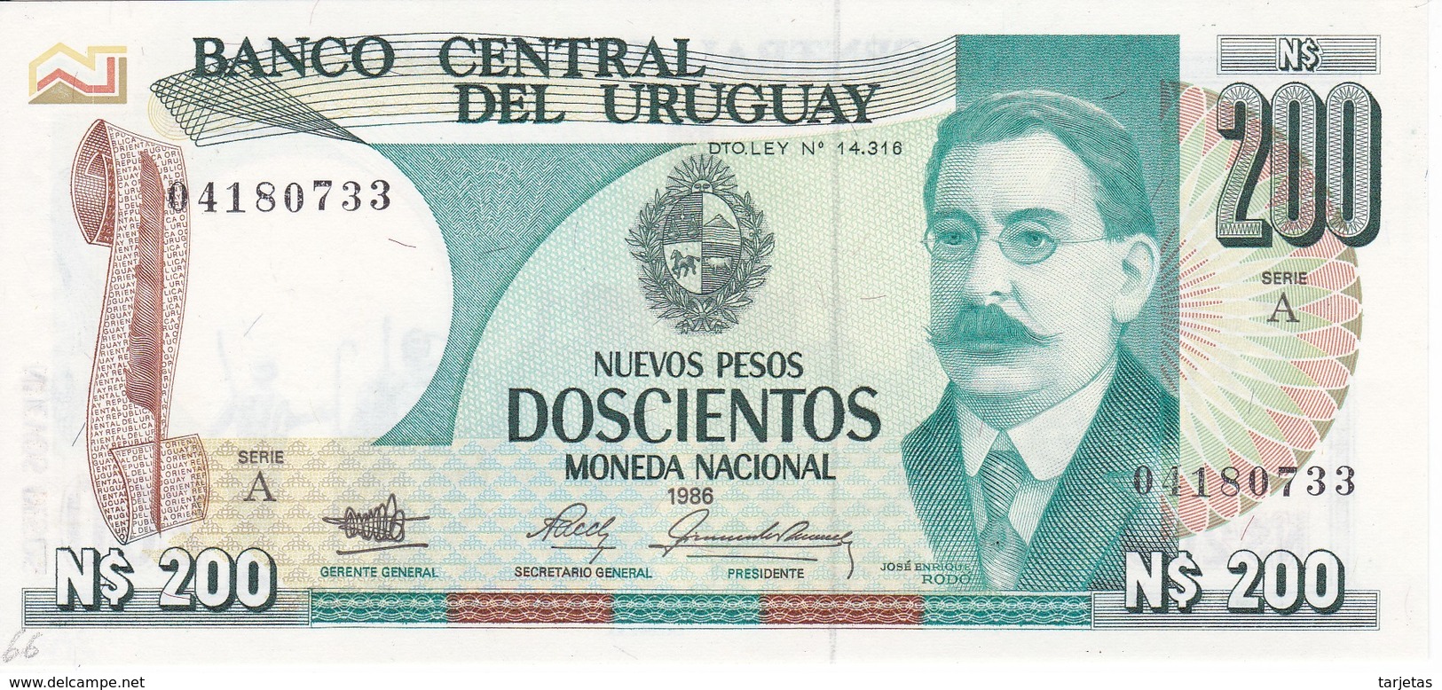 BILLETE DE URUGUAY DE 200 PESOS DEL AÑO 1986 SIN CIRCULAR-UNCIRCULATED (BANKNOTE) - Uruguay