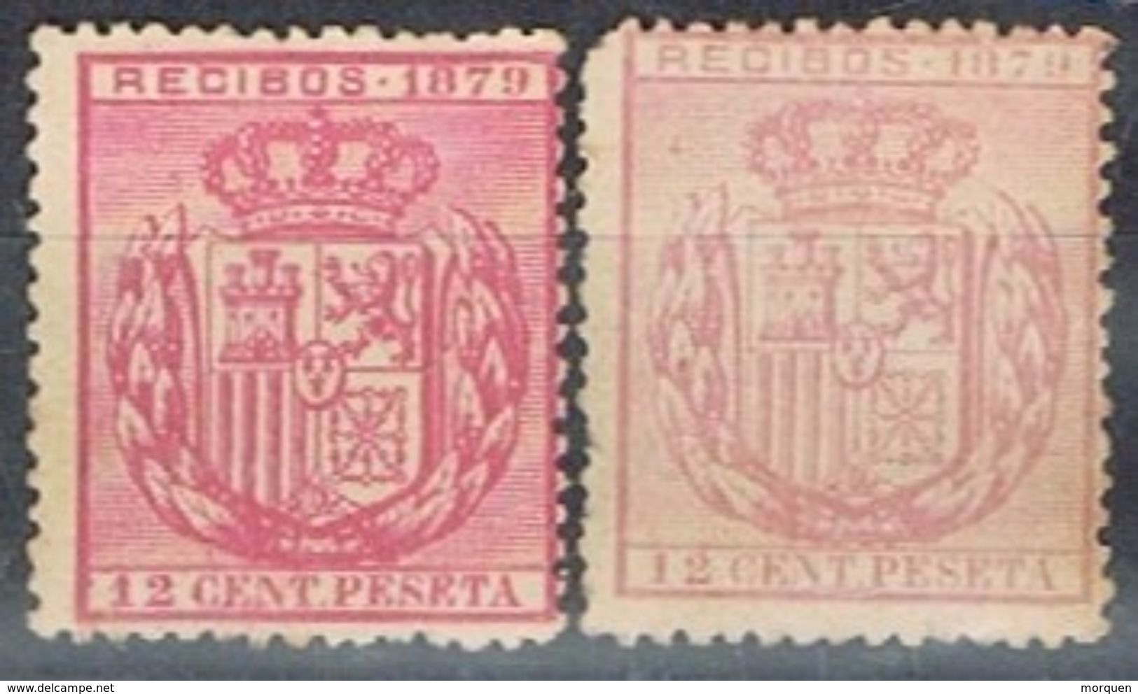 Dos Sellos Recibos 1879, 12 Cts, VARIEDAD Color * - Fiscales