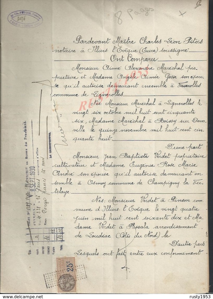 CHAMPIGNY LA FUTELAYE LIGNEROLLES 1930 ACTE D ECHANGE DE TERRES Mr MARÉCHAL À VERDET 8 PAGES : - Manuscripts