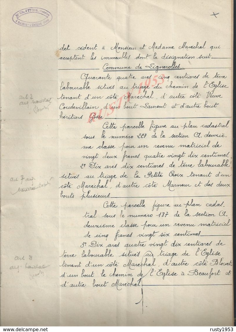 CHAMPIGNY LA FUTELAYE LIGNEROLLES 1930 ACTE D ECHANGE DE TERRES Mr MARÉCHAL À VERDET 8 PAGES : - Manuscripts