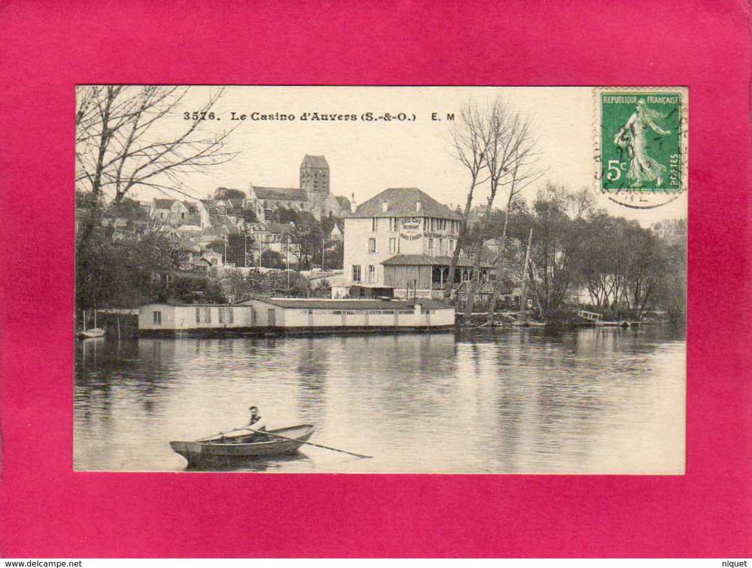 95 Val D'Oise, Le Casino D'Auvers, Animée, Barque, L'Oise, 1913, (E. M.) - Auvers Sur Oise