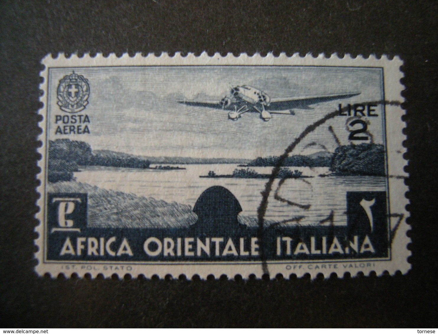 AFRICA ORIENT. ITALIANA - 1938, Posta Aerea, Sass N. A7, Lire 2, Usato - Italienisch Ost-Afrika