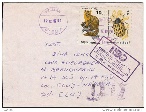 BO TV CHANNEL ADVERTISING POSTMARK, MARTEN, BEETLE, STAMPS ON COVER, 1997, ROMANIA - Lettres & Documents