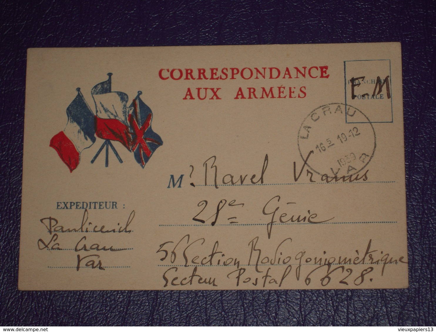 Carte En FM Correspondance Aux Armées 1939 - Cad La Crau Var 19-12 1939 - Drapeaux - à 28e Génie - Guerre De 1939-45