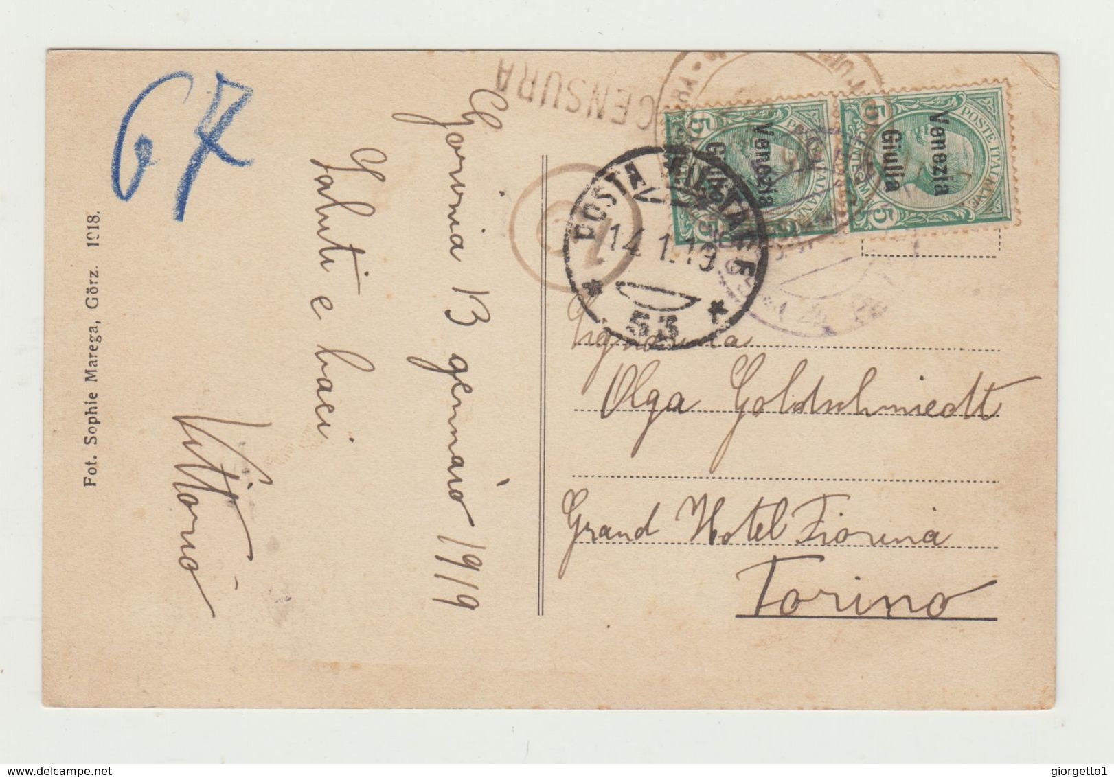 GORIZIA - PAESAGGIO CON PONTE POSTA MILITARE 53 - 14.01.1919 - AFFRANCATURA 5+5 CENT SOVRASTAMPA VENEZIA GIULIA - CARD - Gorizia