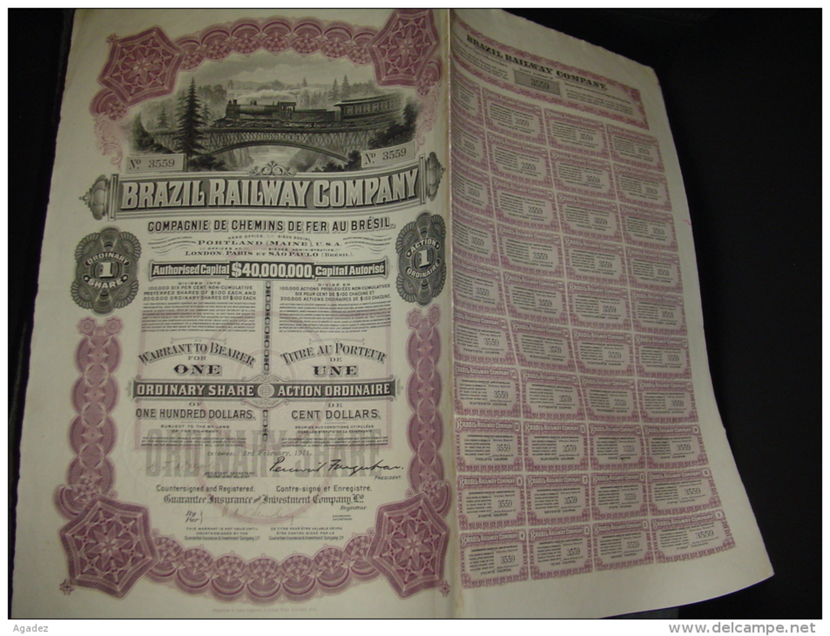 Action " Brazil Railway Cy " Sao Paulo Brésil 1909 Capital $40000000 Chemins De Fer - Railway & Tramway