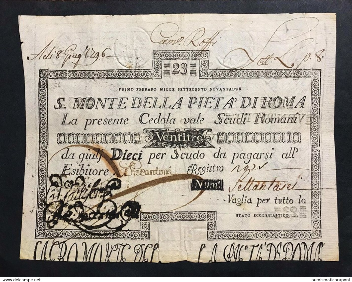 SACRO MONTE DI PIETA' ROMA 01 02 1792 23 SCUDI Strappetti E Forellini LOTTO 452 Bis - [ 9] Verzamelingen