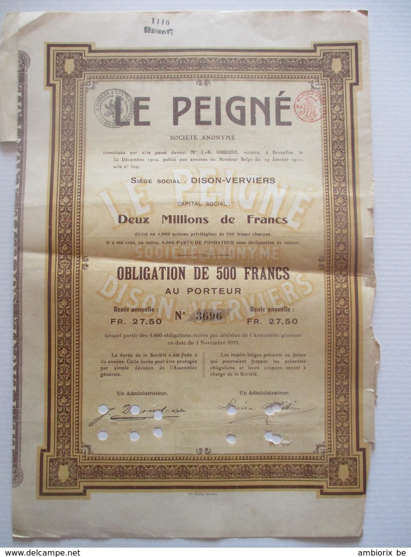 Le Peigné - Dison-Verviers - Obligation De 500 Francs - Textiel