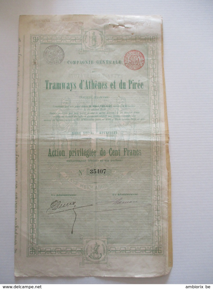 Tramways D'Athènes Et Du Pirée - Action Privilégiée De 100 Francs - Transportmiddelen