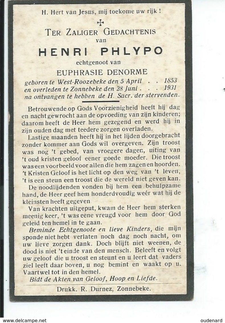 B.P.   WESTROZEBEKE  PHYPO HENRI 1/53 - 1931 ZONNEBEKE - Religion & Esotericism