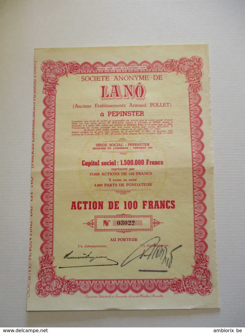 Société Anonyme De Lano à Pépinster - Action De 100 Francs - Textiel