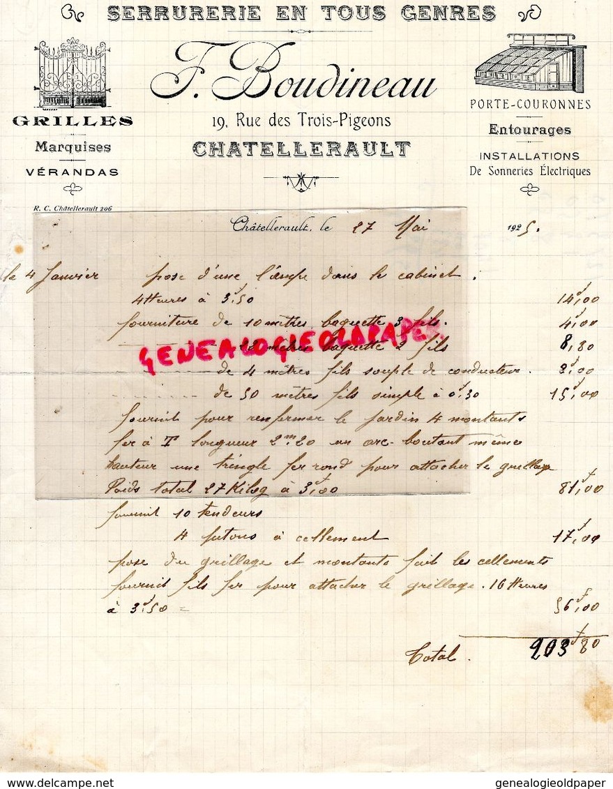 86- CHATELLERAULT- FACTURE MANUSCRITE F. BOUDINEAU- SERRURERIE-SERRURIER-19 RUE DES TROIS PIGEONS- 1925 - Straßenhandel Und Kleingewerbe