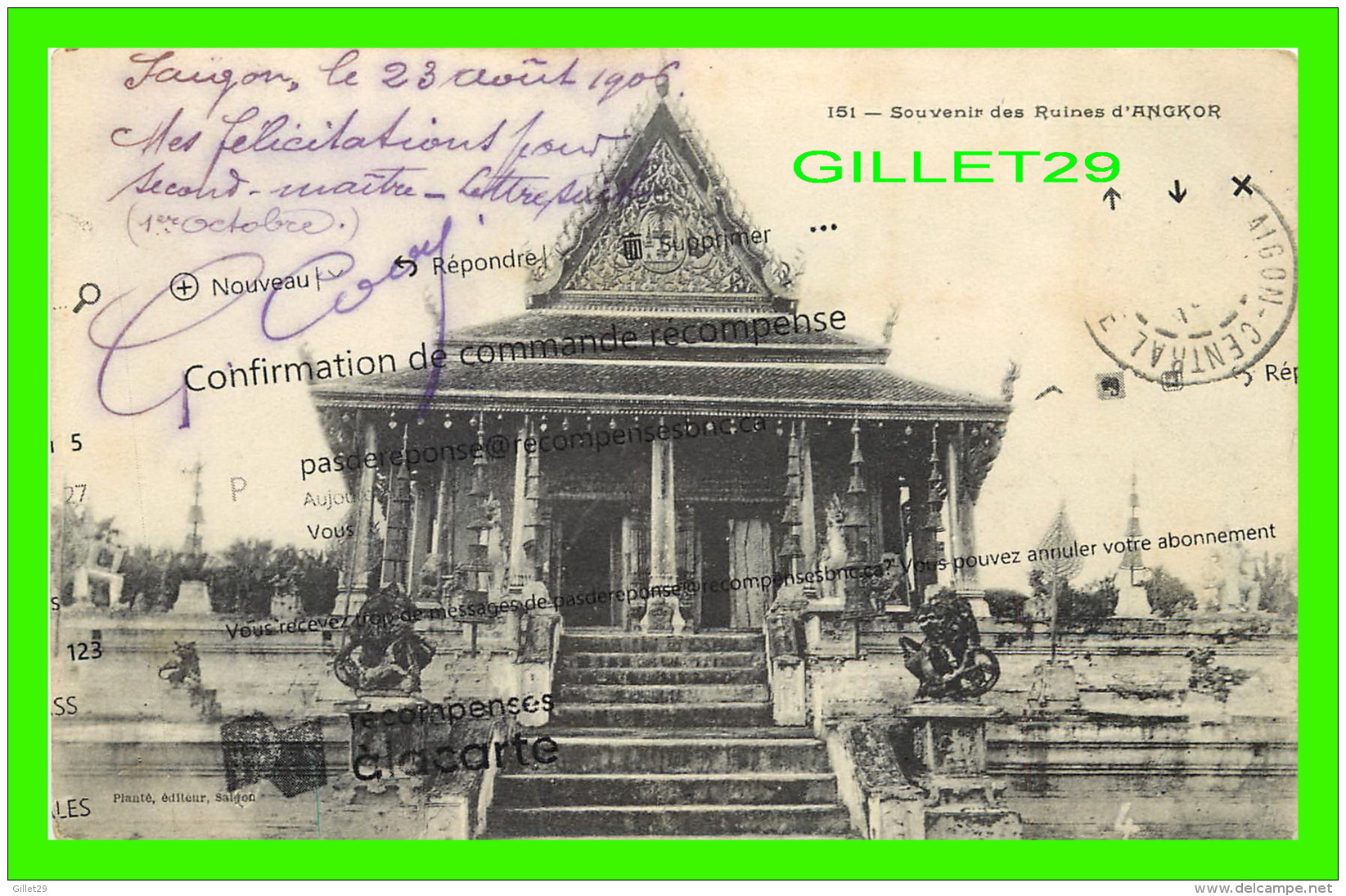 ANGKOR, CAMBODGE - SOUVENIR DES RUINES D'ANGKOR - TRAVEL IN 1908 - CONFIRMATION DE COMMANDE RÉCOMPENSE - - Cambodge