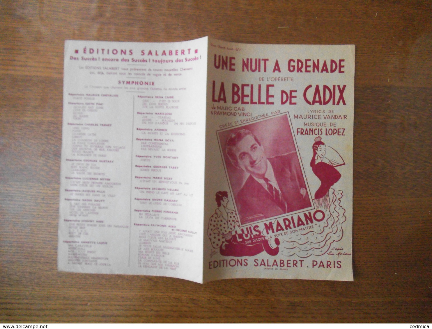 UNE NUIT A GRENADE DE L'OPERETTE LA BELLE DE CADIX LUIS MARIANO PAROLES DE MAURICE VANDAIR MUSIQUE DE FRANCIS LOPEZ - Partitions Musicales Anciennes