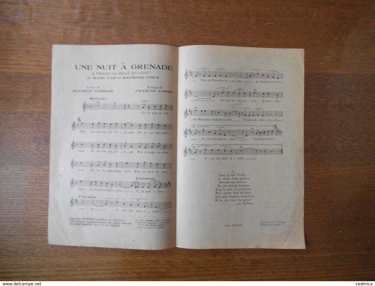 UNE NUIT A GRENADE DE L'OPERETTE LA BELLE DE CADIX LUIS MARIANO PAROLES DE MAURICE VANDAIR MUSIQUE DE FRANCIS LOPEZ - Partitions Musicales Anciennes