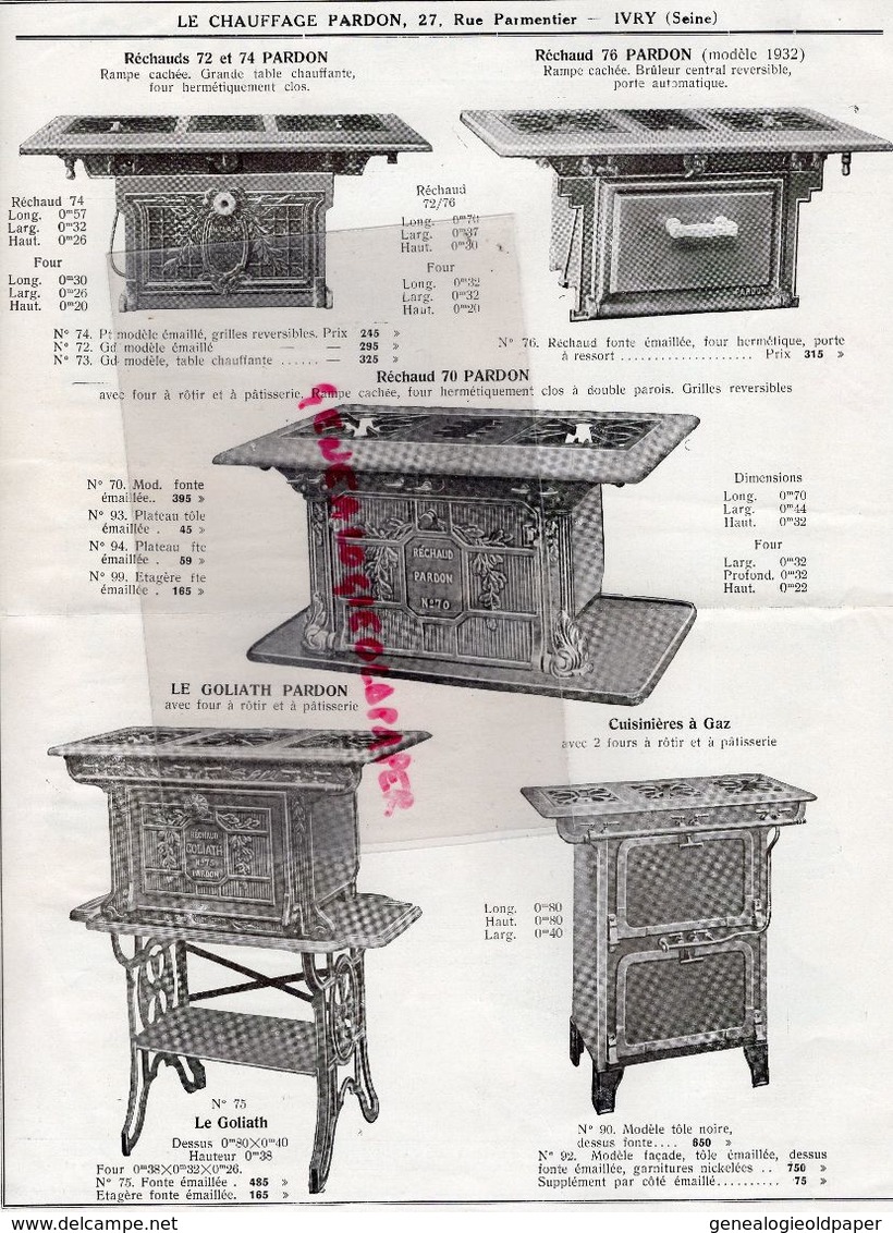 94- IVRY- RARE CATALOGUE LE CHAUFFAGE PARDON-27 RUE PARMENTIER-PARIS-128 BD RICHARD LENOIR-RECHAUDS CUISINIERES GAZ- - Petits Métiers