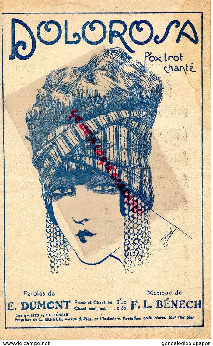 PARTITION MUSIQUE- DOLOROSA -FOX TROT- E. DUMONT -BENECH-PARIS- ILLUSTRATEUR J. JAMEL -FEMME AU TURBAN -1925I - Partituren