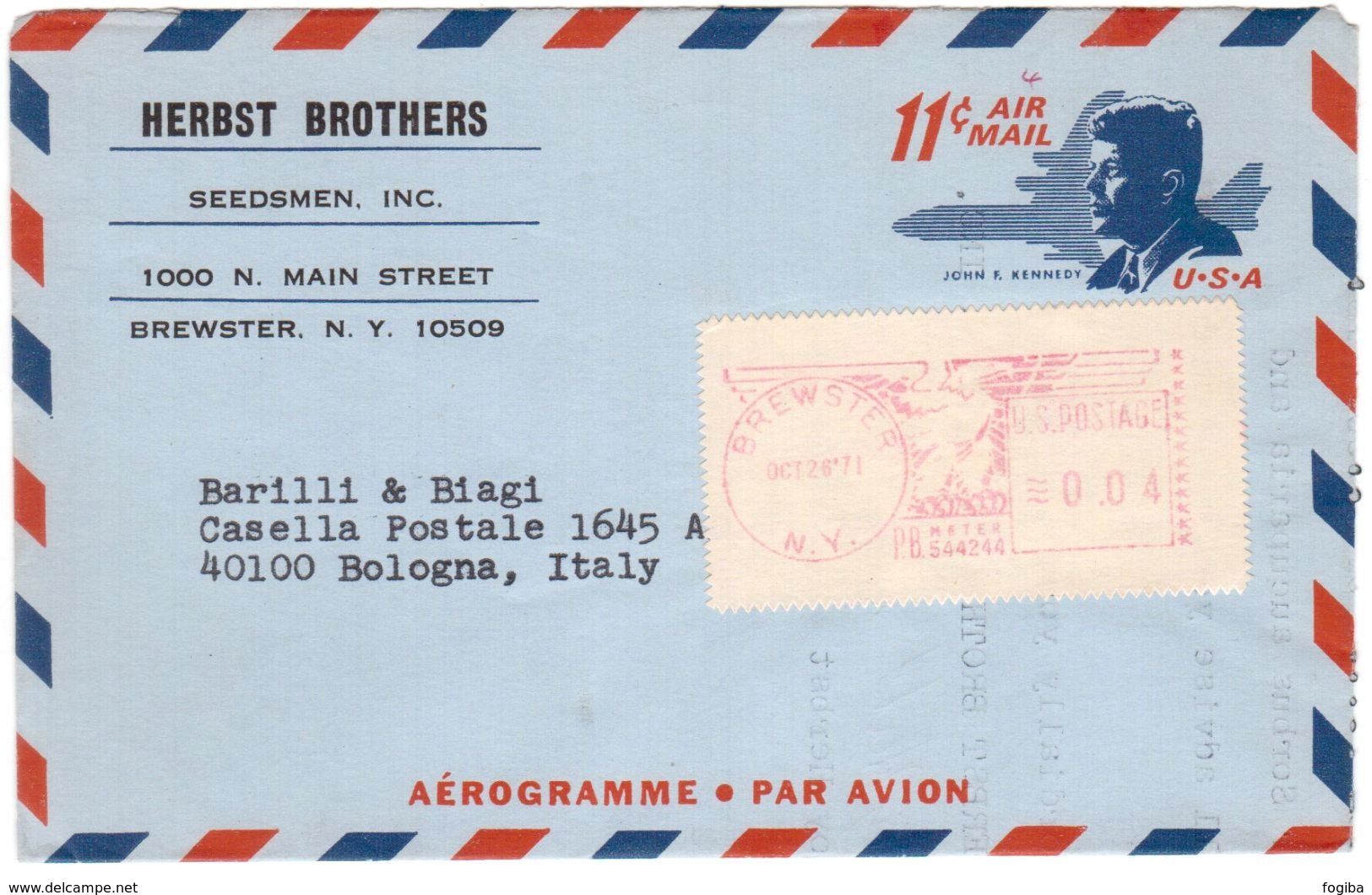 D31  USA 1971, Brewster , NY * 11c Aerogramme To Bologna - Italy * John F. Kennedy + Meter - Storia Postale