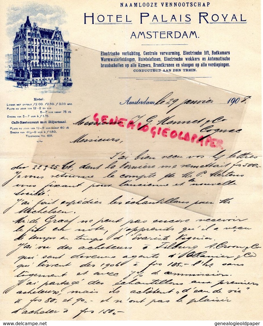 PAYS BAS- AMSTERDAM- LETTRE MANUSCRITE A MONNET COGNAC- HOTEL PALAIS ROYAL -1908- NAAMLOOZE VENNOOTSCHAP - Paesi Bassi