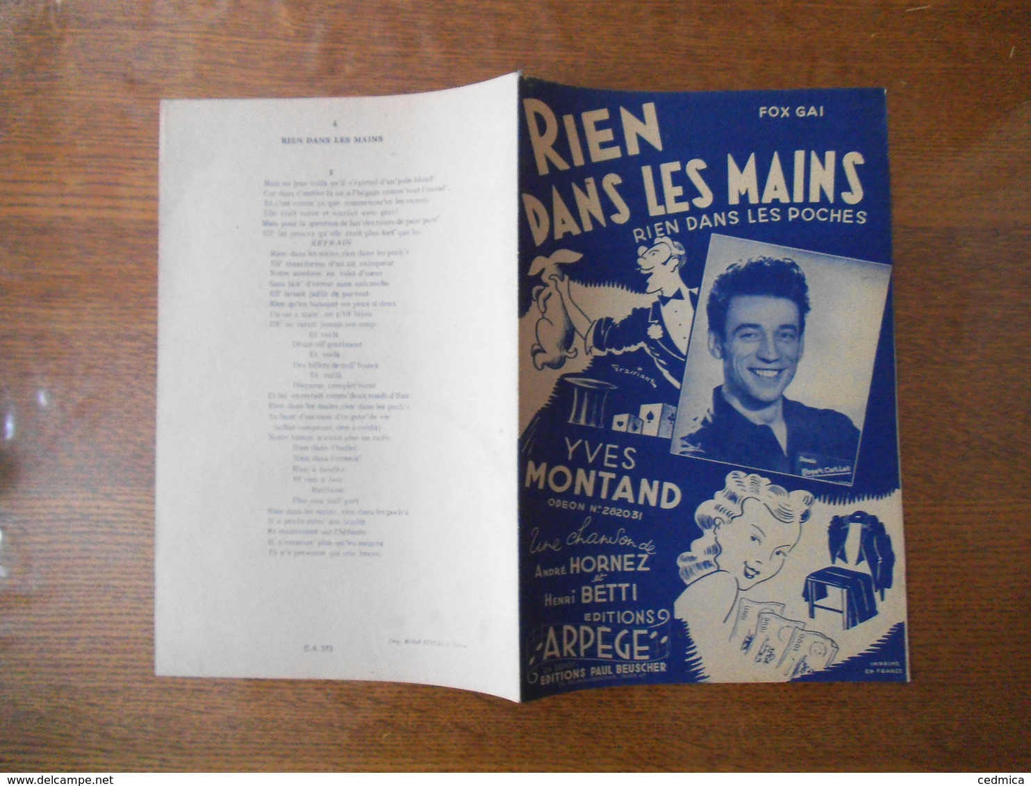 RIEN DANS LES MAINS RIEN DANS LES POCHES YVES MONTAND PAROLES DE ANDRE HORNEZ MUSIQUE DE HENRI BETTI 1948 - Partitions Musicales Anciennes