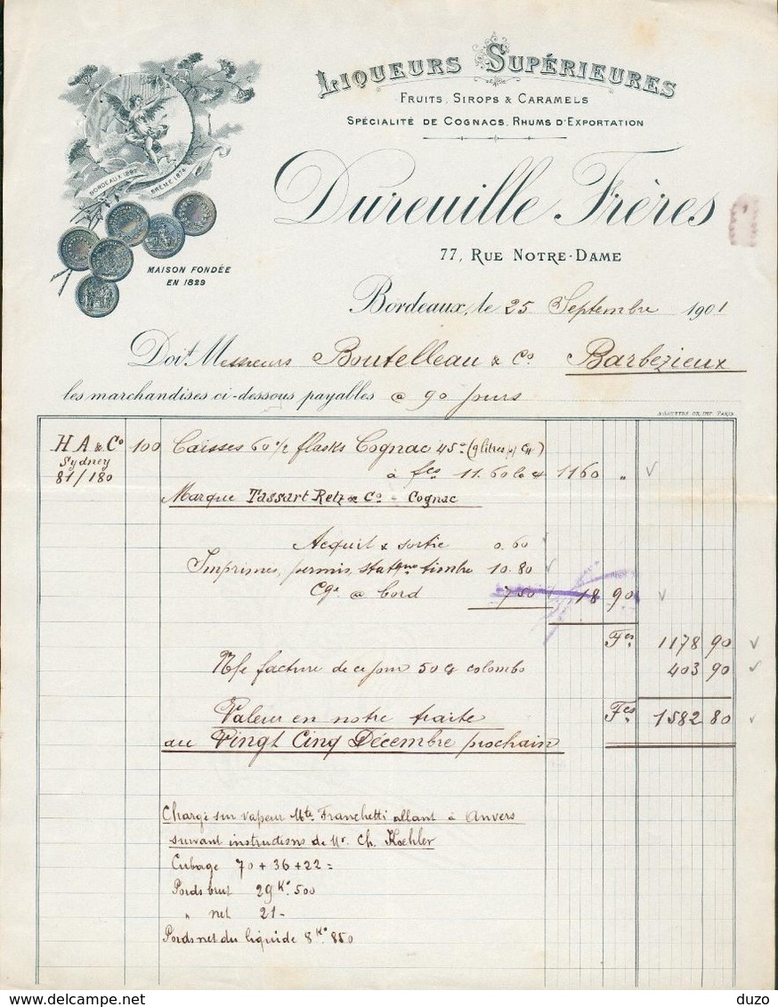 33 - Bordeaux - Facture Du 25 Septembre 1901 - Liqueurs Supérieures Dureuille Frères - Fruits Sirops & Caramels - Factures