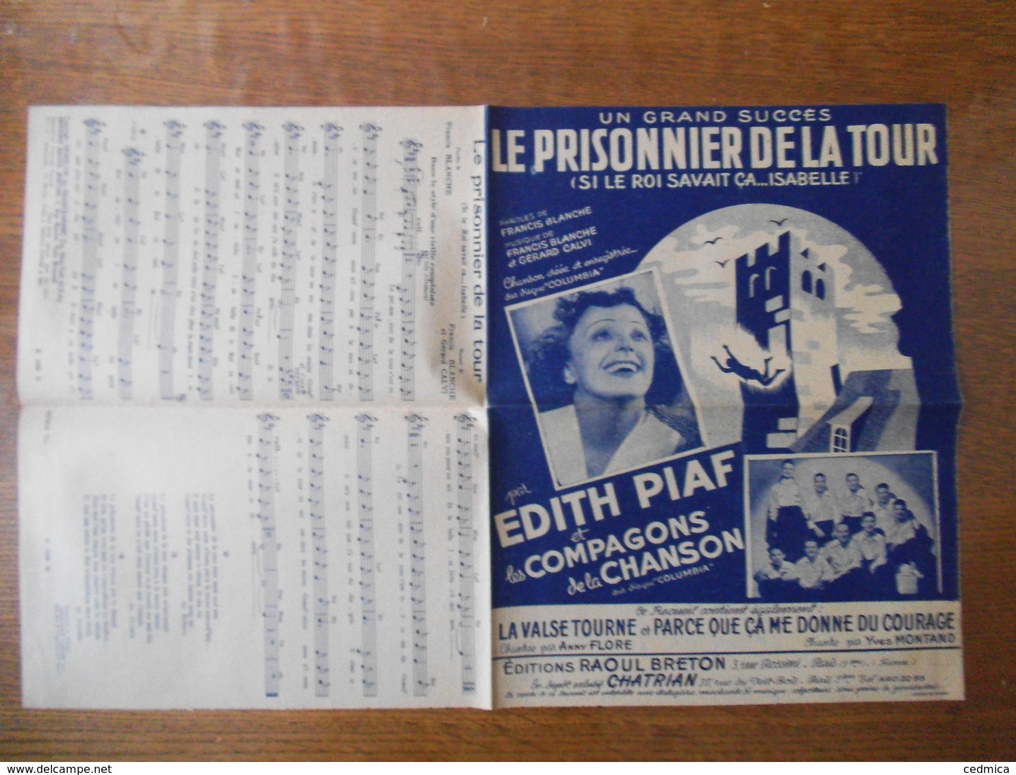 LE PRISONNIER DE LA TOUR EDITH PIAF ET LES COMPAGNONS DE LA CHANSON PAROLES DE FRANCIS BLANCHE MUSIQUE FRANCIS BLANCHE E - Partitions Musicales Anciennes