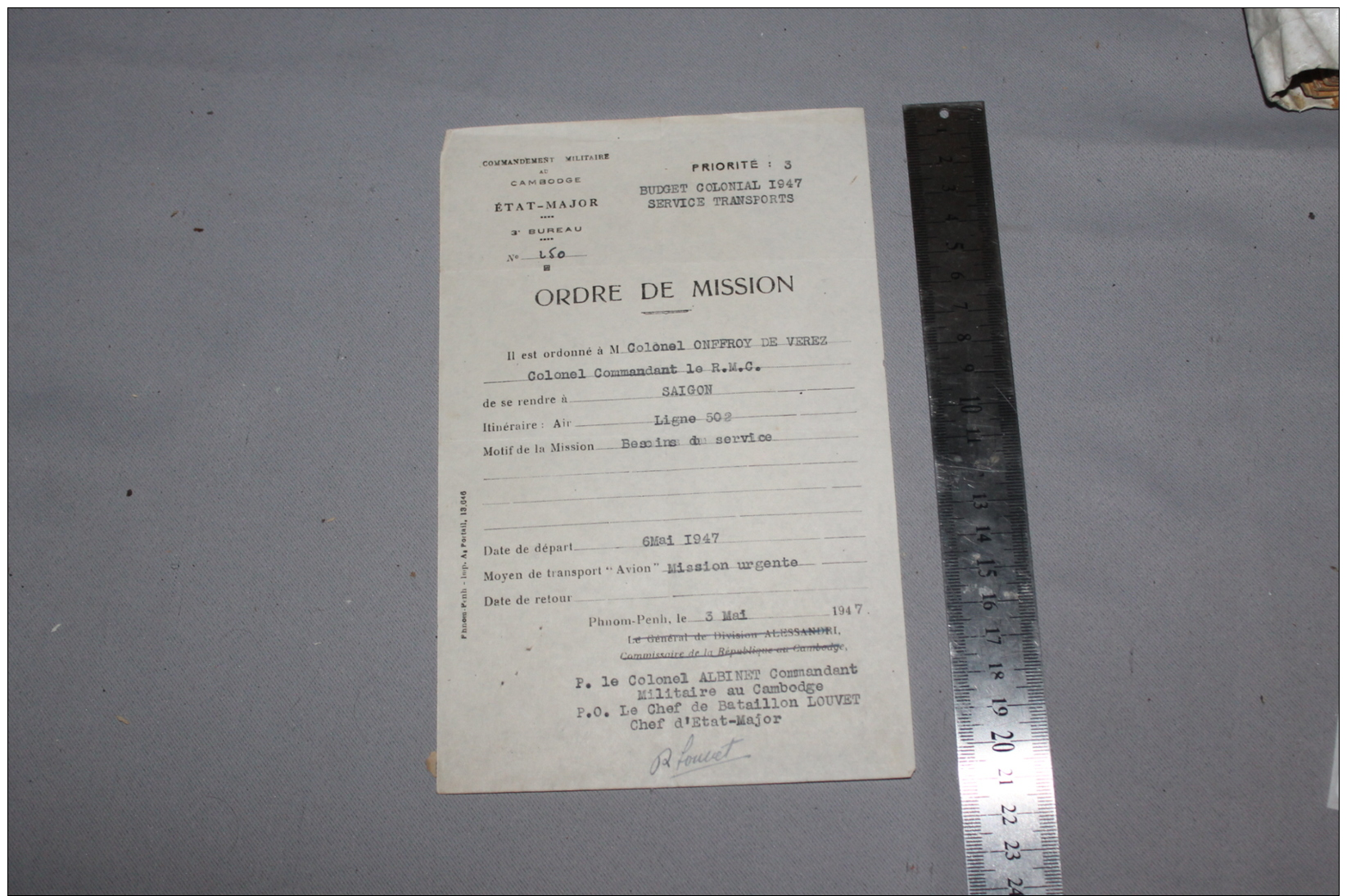 Ordre De Mission Du Commandement Au Cambodge 1947 Signé Chef De Bataillon Louvet - Documents