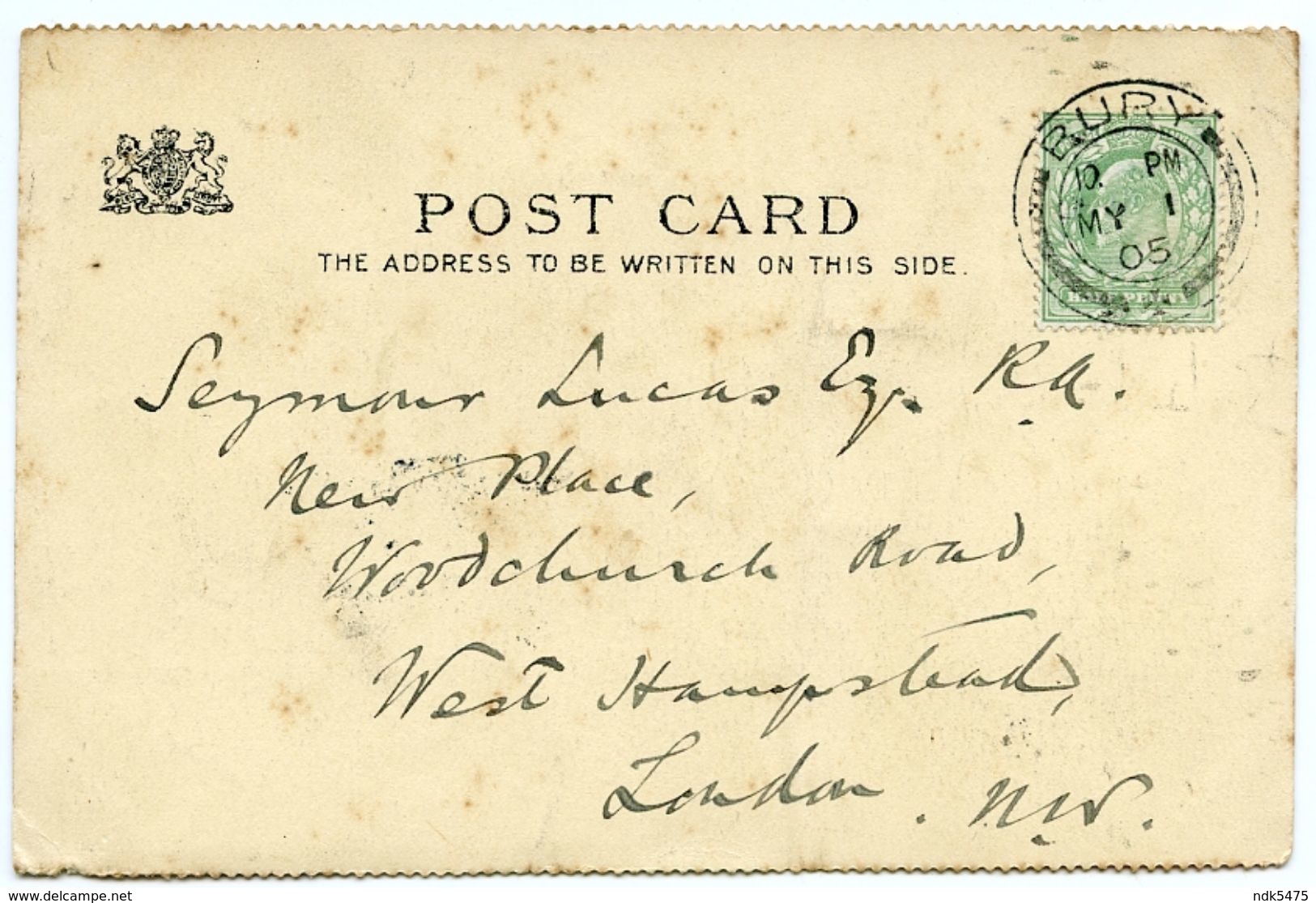 J.F. MILLET : THE ANGELUS / ADDRESSEE - SEYMOUR LUCAS, R.A., WEST HAMPSTEAD / POSTMARK - BURY, LANCS. - 1900-1949