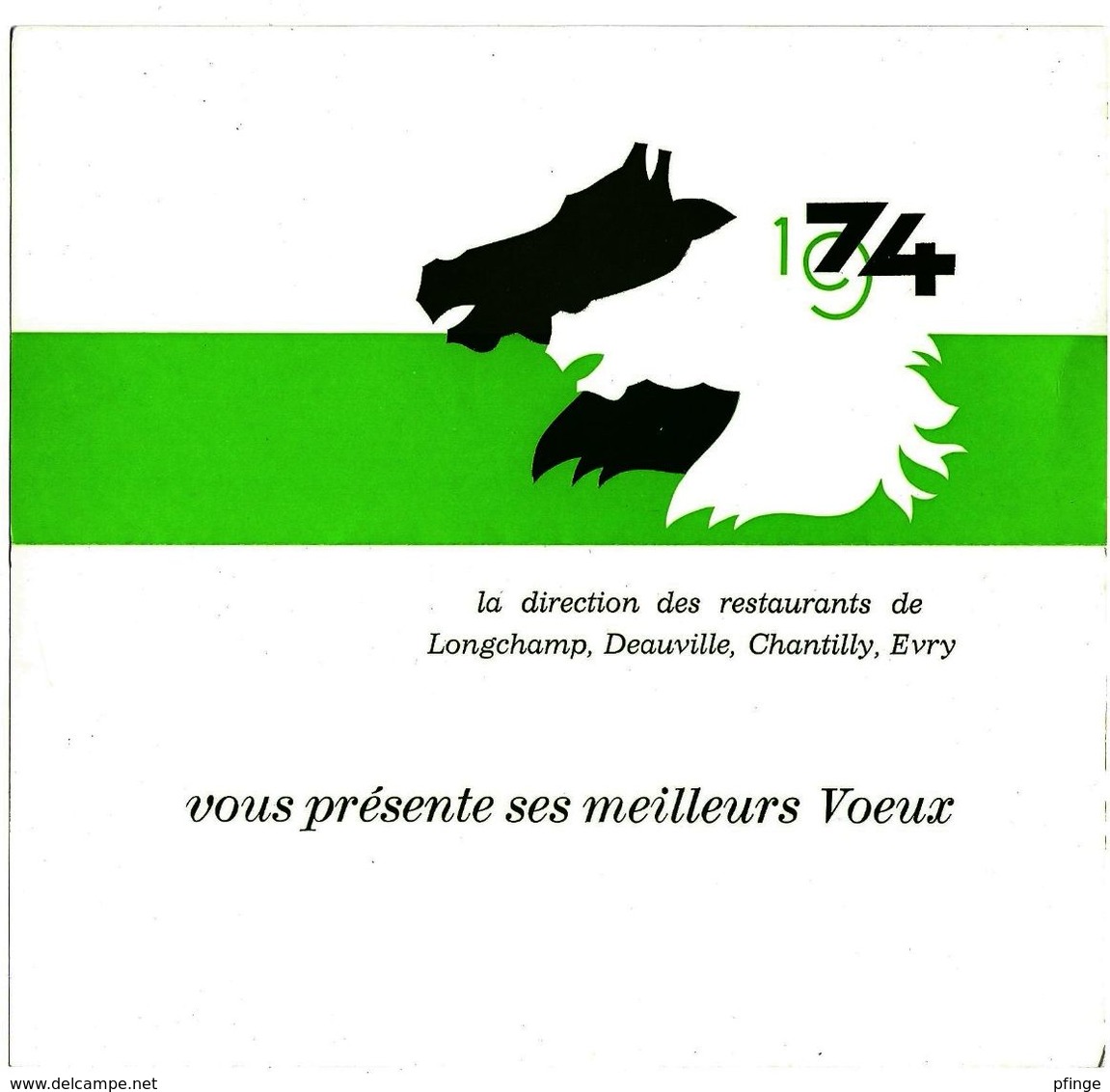 Meilleurs Vœux 1974 - Restaurants De Longchamp, Deauville, Chantilly, Evry - Chevaux