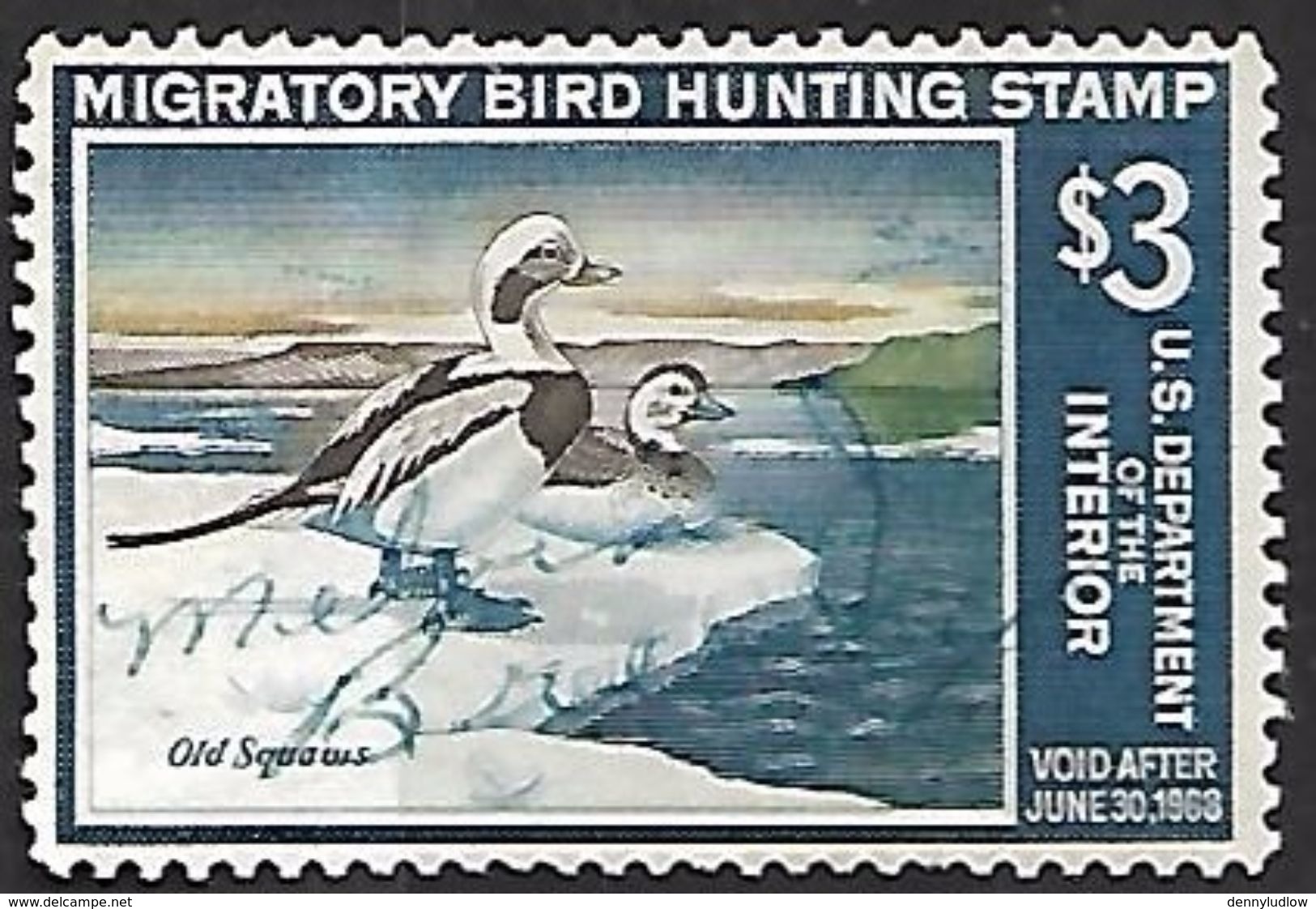 US  1967 RW34 $3 Old Squaw Ducks Used   2016 Scott Value $12   RenaM - Ducks