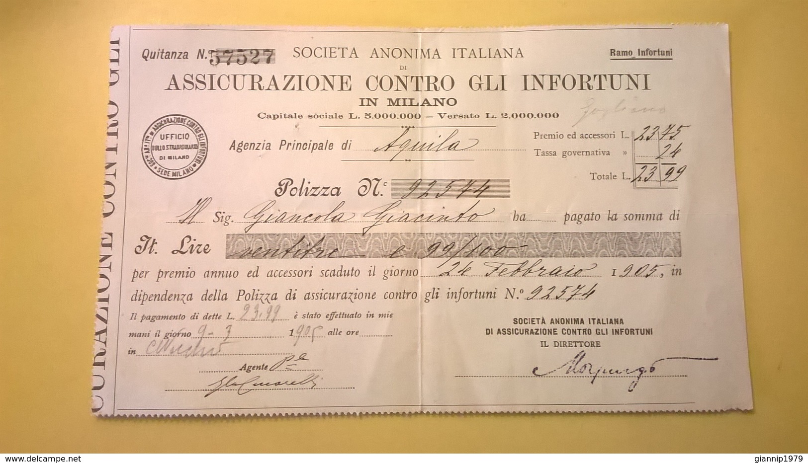 1905 ASSICURAZIONE CONTRO GLI INFORTUNI IN MILANO TIMBRO UFFICIALE SEDE MILANO - Banca & Assicurazione