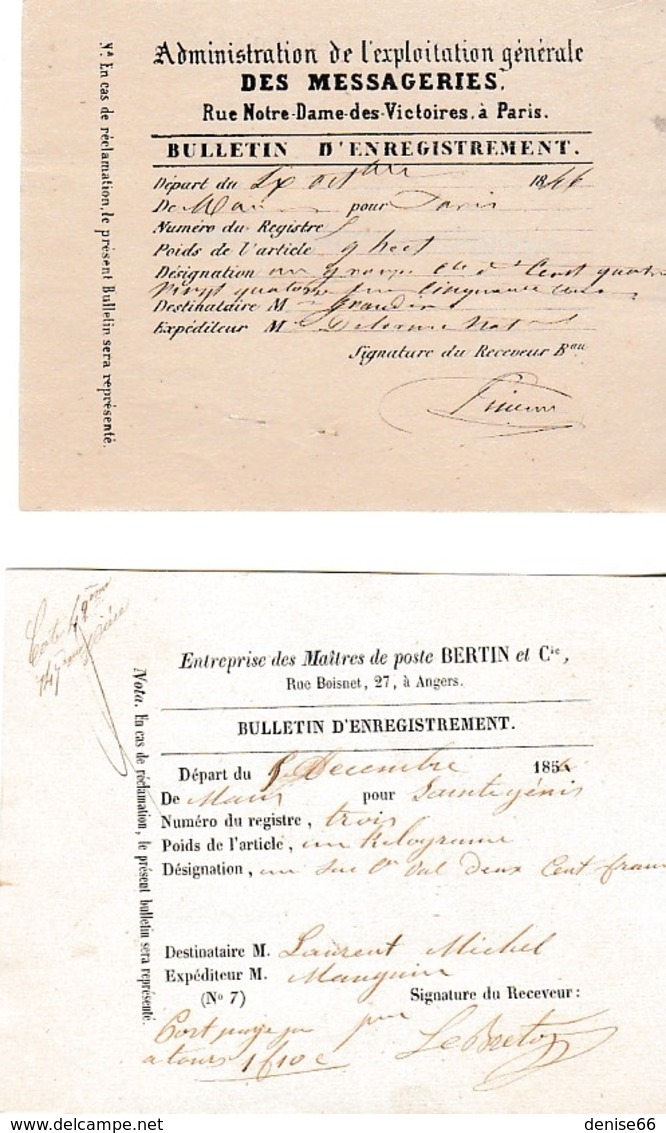 1846/54 - Entreprise Des MAÎTRES DE POSTE Et Exploitation Gle Des MESSAGERIES - Documents Historiques